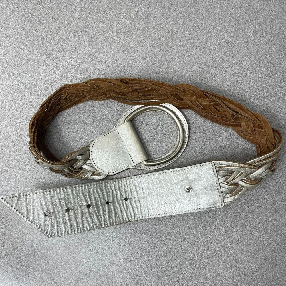 Chicos Woven Leather Belt Womens Small Metallic Silver D Ring Buckle Wide Boho